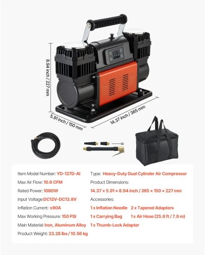 Koduva VEVOR dviejų cilindrų galingas oro kompresorius, 300 l/min, 12V, 150 PSI, nešiojamas