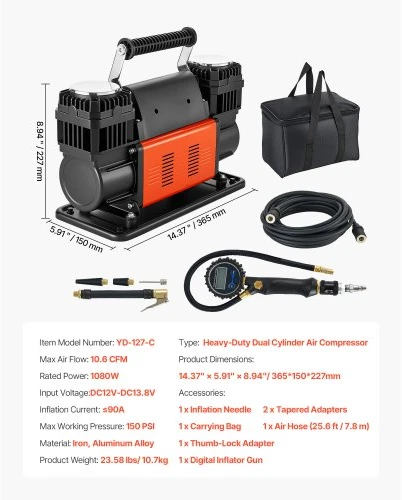 Koduva VEVOR dviejų cilindrų sunkiasvoris oro kompresorius, 300 l/min, 12 V, 150 PSI