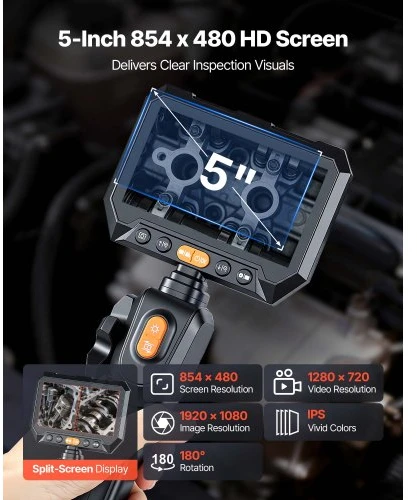 VEVOR Dviejų objektyvų artikuliuojamas boreskopas su šviesa, 6,2 mm, 5" HD IPS, 8x priartinimas, 1,5 m kabelis