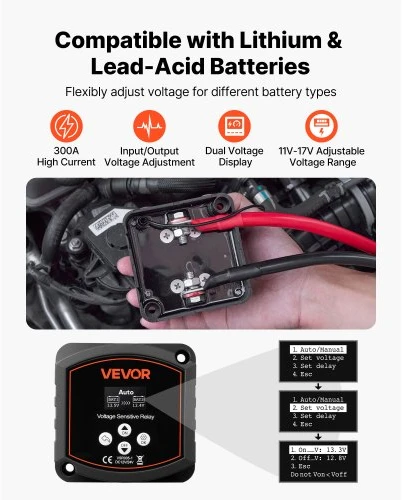 VEVOR Dvigubos baterijos izoliatoriaus rinkinys, 12 V 300 A, 2 AWG, rankinis ir automatinis VSR su voltmetru ir LCD, skirtas UTV, ATV