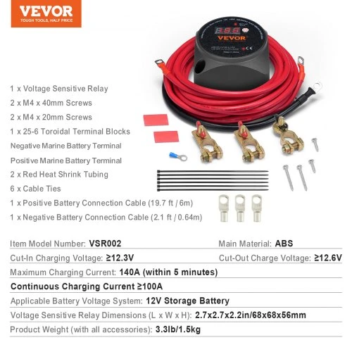 VEVOR Dvigubos baterijos izoliatoriaus komplektas, 12 V 140 A, rankinis ir automatinis režimai, VSR relė su LCD ekranu