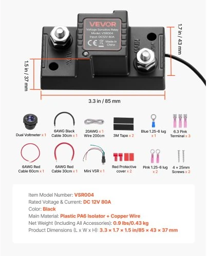 VEVOR Dvigubos baterijos izoliatoriaus rinkinys, 12 V 80 A, 13,3 mm² (6 AWG), VSR relė su voltmetru ir LCD
