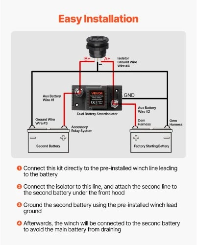 VEVOR Dvigubos baterijos izoliatoriaus rinkinys, 12 V 80 A, 13,3 mm² (6 AWG), VSR relė su voltmetru ir LCD