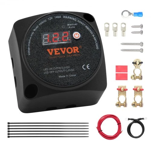 VEVOR Dvigubos baterijos izoliatoriaus komplektas, 12 V 140 A, rankinis ir automatinis režimai, VSR relė su LCD ekranu