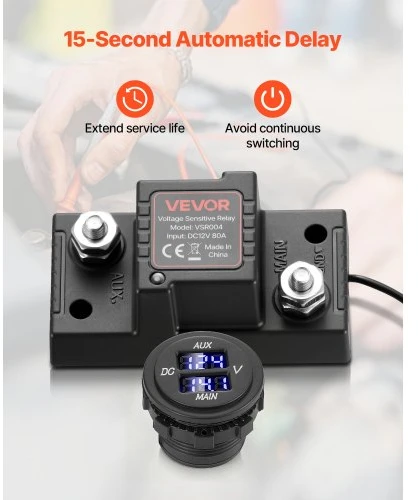 VEVOR Dvigubos baterijos izoliatoriaus rinkinys, 12 V 80 A, 13,3 mm² (6 AWG), VSR relė su voltmetru ir LCD
