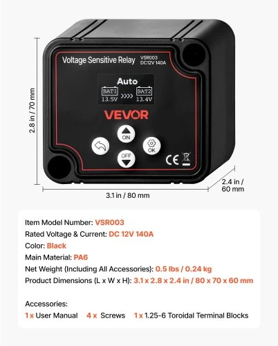 VEVOR Dvigubos baterijos izoliatorius, 12 V 140 A, rankinis ir automatinis VSR relė su LCD ekranu