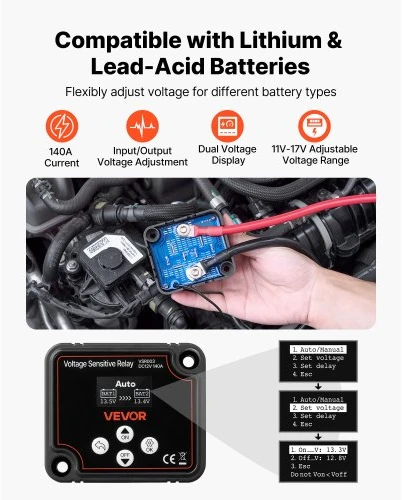 VEVOR Dvigubos baterijos izoliatorius, 12 V 140 A, rankinis ir automatinis VSR relė su LCD ekranu