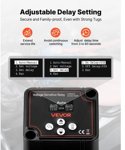 VEVOR Dvigubos baterijos izoliatorius, 12 V 140 A, rankinis ir automatinis VSR relė su LCD ekranu