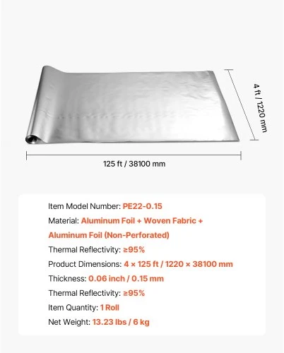 VEVOR Dvipusė atspindinti izoliacinė ritinė, 0,15 mm, 38,1 m x 1,22 m