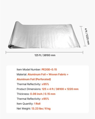 VEVOR Dvisluoksnė atspindinti izoliacijos ritė, perforuotas spindulinis barjeras, 0,15 mm, 38,1 m x 1,22 m