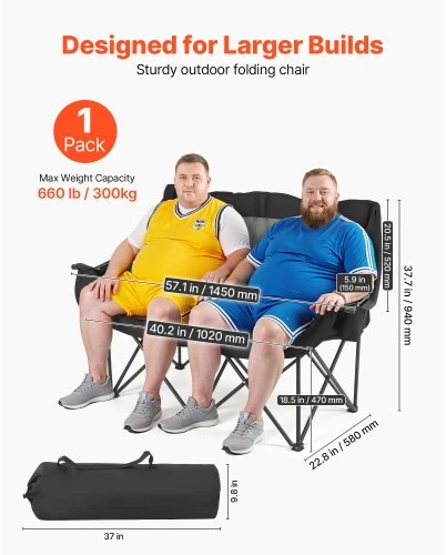 VEVOR Dvivietė stovyklavimo kėdė, 660 lb / 300 kg, juoda ir pilka
