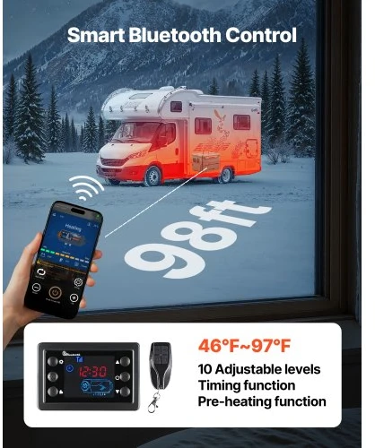 VEVOR Dyzelinis šildytuvas 5-8 kW, DC 12 V/24 V, nešiojamas „all in one“, su Bluetooth programėle, nuotoliniu valdymu ir LCD ekranu