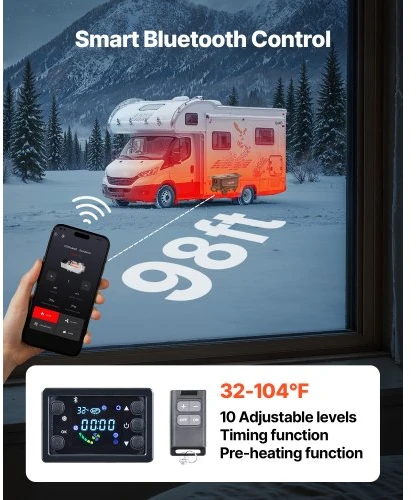 VEVOR Dyzelinis šildytuvas, 5–8 kW, DC 12 V/24 V, nešiojamas su Bluetooth programėle, nuotoliniu pultu ir LCD ekranu, 5 l