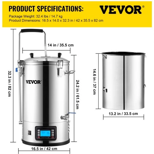 VEVOR Elektrinė alaus virimo sistema, 8 Gal/30 L, 100-2500 W, 25-100 ℃, 220 V, N30