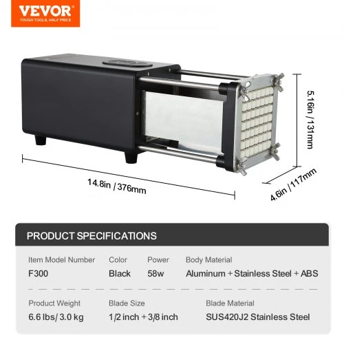 VEVOR Elektrinė bulvių griežinėlių pjaustyklė, 1/2 col. ir 3/8 col. nerūdijančio plieno peiliai