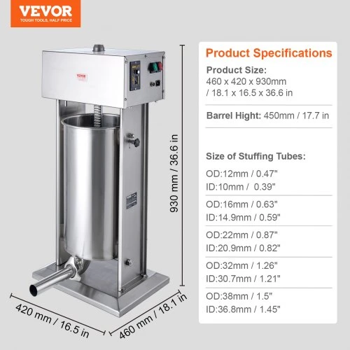VEVOR Elektrinė dešrų kimštuvė, 25 l / 55 lb vertikali, 400 W, su pėdiniu jungikliu ir 5 antgaliais