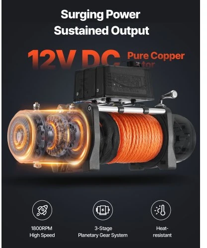 VEVOR Elektrinė gervė, 13 500 lbs, 12 V DC, su sintetiniu lynu 9,5 mm x 24 m