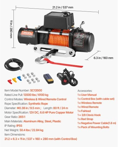 VEVOR Elektrinė gervė, 13 500 lbs, 12 V DC, su sintetiniu lynu 9,5 mm x 24 m