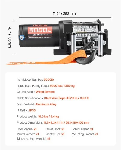 VEVOR Elektrinė gervė 1360 kg, 12 V DC ATV/UTV, plieno trosas 5 mm x 12 m, laidinis pultas