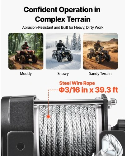 VEVOR Elektrinė gervė 1360 kg, 12 V DC ATV/UTV, plieno trosas 5 mm x 12 m, laidinis pultas