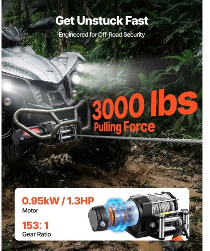 VEVOR Elektrinė gervė 1360 kg, 12 V DC ATV/UTV, plieno trosas 5 mm x 12 m, laidinis pultas