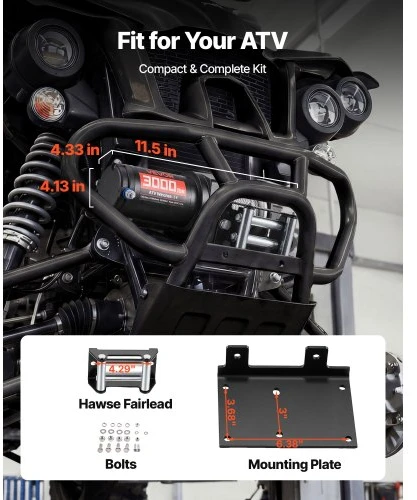 VEVOR Elektrinė gervė 1360 kg, 12 V DC ATV/UTV, plieno trosas 5 mm x 12 m, laidinis pultas