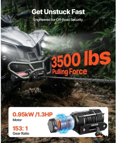 VEVOR Elektrinė gervė 1587 kg, 12 V DC ATV/UTV, su sintetine virve 5,5 mm x 10 m, laidinis valdymas