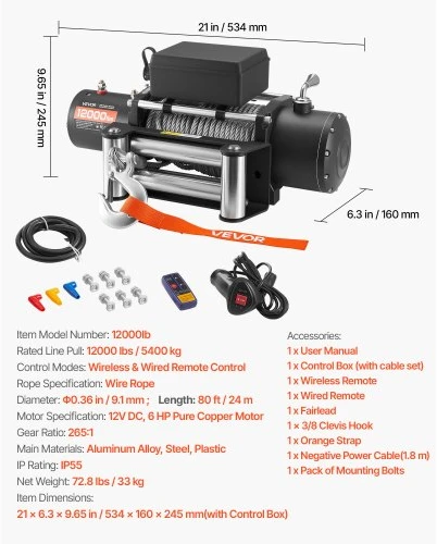 VEVOR Elektrinė gervė, 5400 kg, 12 V DC, su Φ9,1 mm x 24 m plieniniu lynu, belaidis ir laidinis valdymas