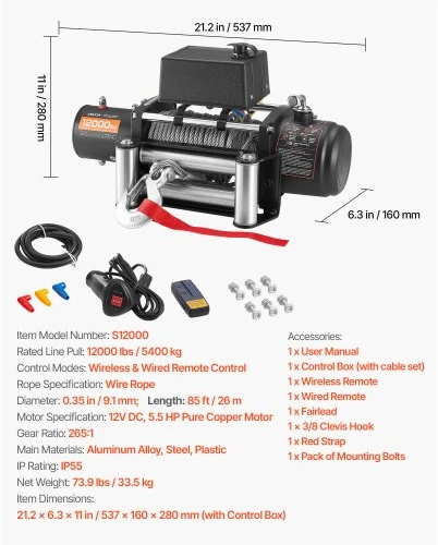 VEVOR Elektrinė gervė, 5400 kg, 12 V DC, 9,1 mm x 26 m plieno trosas