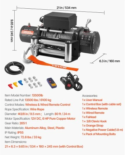 VEVOR Elektrinė gervė, 6100 kg, 12 V DC, 9,5 mm x 24 m plieno lynas, belaidis ir laidinis valdymas