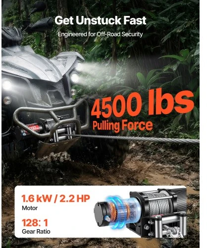 VEVOR Elektrinė gervė ATV/UTV, 2041 kg, 12 V, Ø6 mm x 12 m plieno trosas, belaidis ir laidinis valdymas