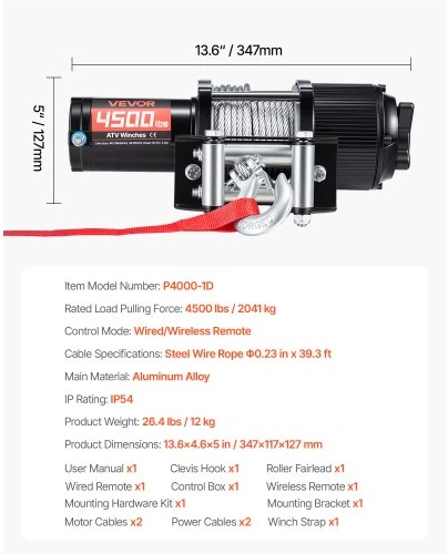 VEVOR Elektrinė gervė ATV/UTV, 2041 kg, 12 V, Ø6 mm x 12 m plieno trosas, belaidis ir laidinis valdymas