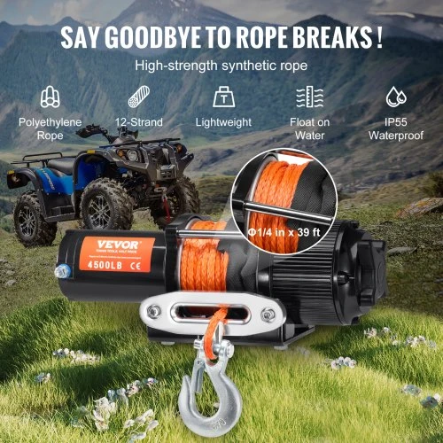 VEVOR Elektrinė gervė ATV/UTV, 2041,2kg, sintetinė virvė, vandeniui atspari, su nuotoliniu valdymu