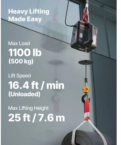 Koduva VEVOR elektrinė gervė-keltuvas, 500 kg, 1500 W, 7,6 m, su laidiniu ir belaide pultu