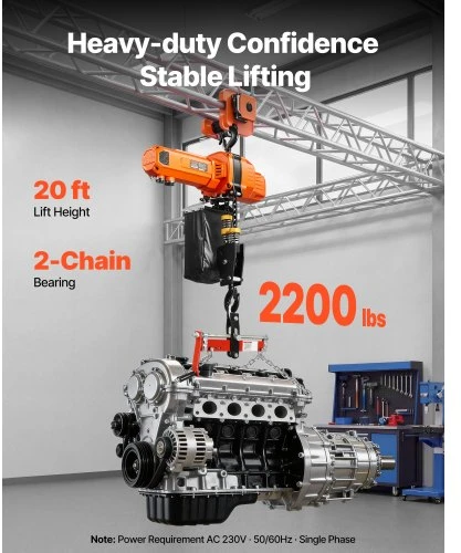 VEVOR Elektrinė grandininė talė 1000 kg, 6 m, 230 V, su 4,5 m laidiniu pultu