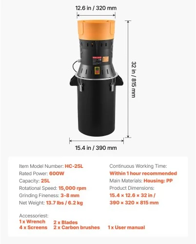 Koduva VEVOR elektrinė grūdų malūnė, 600 W, 25 l, su cinkuoto plieno peiliais