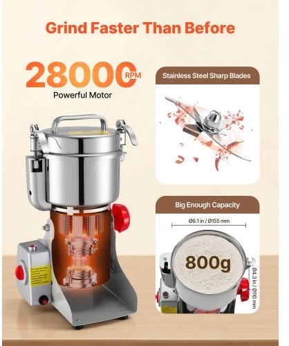 Koduva VEVOR elektrinė grūdų malūnėlė, 800g, 2100 W, nerūdijančio plieno, swing tipo