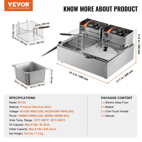 VEVOR Elektrinė gruzdintuvė, 24 l, 5000 W, sidabrinė