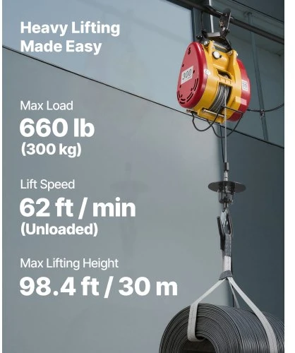 Koduva VEVOR elektrinė keltuvė-vinčas 2-in-1, 300 kg, 1500 W, 30 m, 18,9 m/min, laidinis ir belaidis pultas