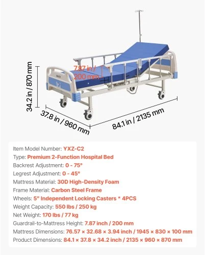 VEVOR Elektrinė ligoninės lova, 2 funkcijų, su atlošo ir kojų dalies reguliavimu, 250 kg