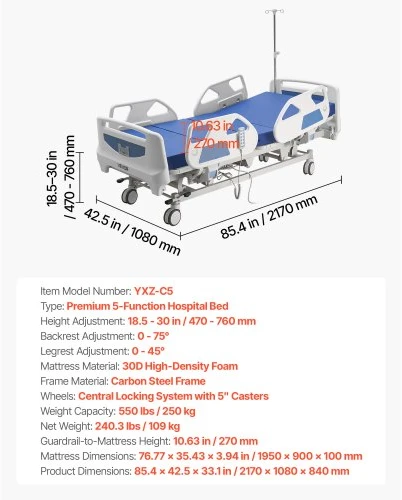 VEVOR Elektrinė ligoninės lova, 5 funkcijų, su Trendelenburgo ir atvirkštine padėtimi, centrinis užraktas, 127 mm ratukai, iki 250 kg