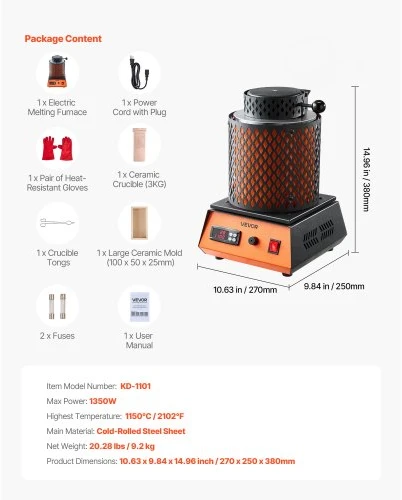 VEVOR Elektrinė lydymo krosnis, 1350 W, 1150 °C, su 3kg keramine tigle