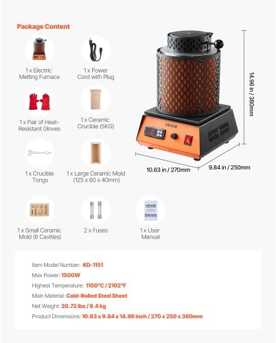 VEVOR Elektrinė lydymo krosnis, 1500 W, 2102 °F / 1150 °C, su 5kg keraminiu tigliu