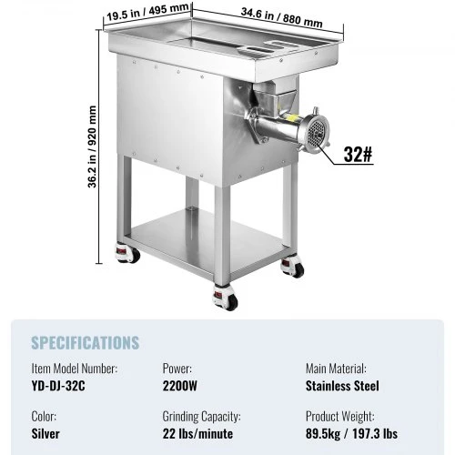 VEVOR Elektrinė mėsmalė, 22 lbs/min, 32#, 2200 W, nerūdijančio plieno, komercinė
