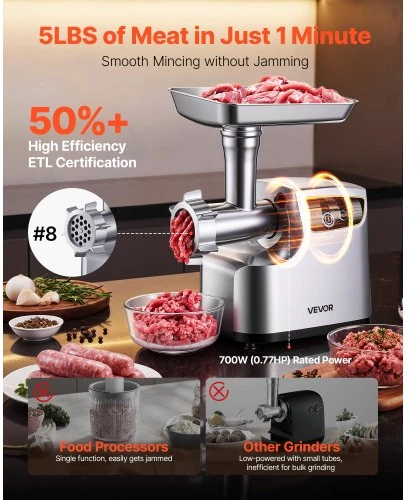 VEVOR Elektrinė mėsmalė, 2,3kg/min, #8, 700 W