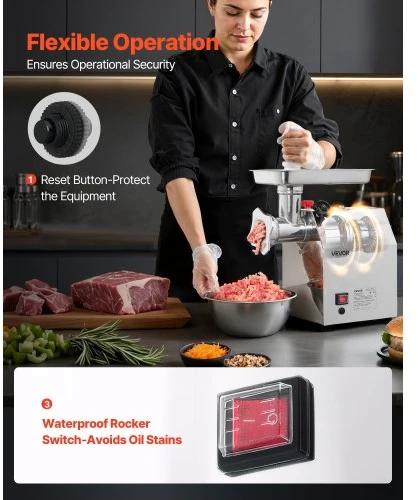 VEVOR Elektrinė mėsmalė, 3,2kg/min, #12, 850 W, metalo originali apdaila