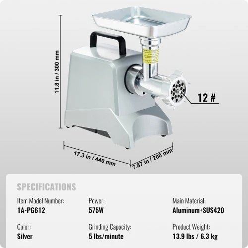 VEVOR Elektrinė mėsmalė, 5 lb/min, 575 W (800 W maks.), su peiliu, malimo plokšte ir 3 vamzdeliais