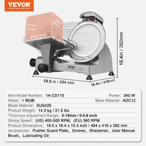 VEVOR Elektrinė mėsmės pjaustyklė, 340 W, 25,4 cm SUS420 nerūdijančio plieno peilis, 1A-CS110