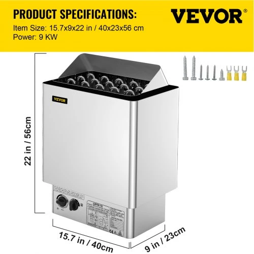 VEVOR Elektrinė pirties krosnelė 9 kW, 380–415 V, šlapio ir sauso naudojimo, su valdymo bloku, nerūdijančio plieno