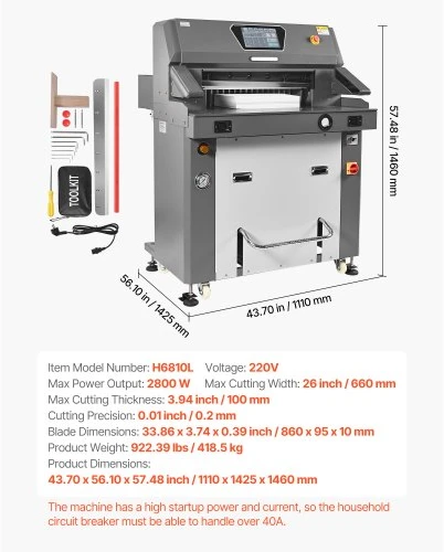VEVOR Elektrinė popieriaus pjaustyklė, metalinė hidraulinė, 660 mm pjovimo plotis, 100 mm storis, infraraudonieji jutikliai
